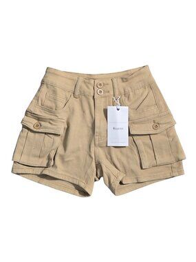 NWT | Elleven Beige High-Waisted Tiered Utility Cargo Shorts | Double Button | X